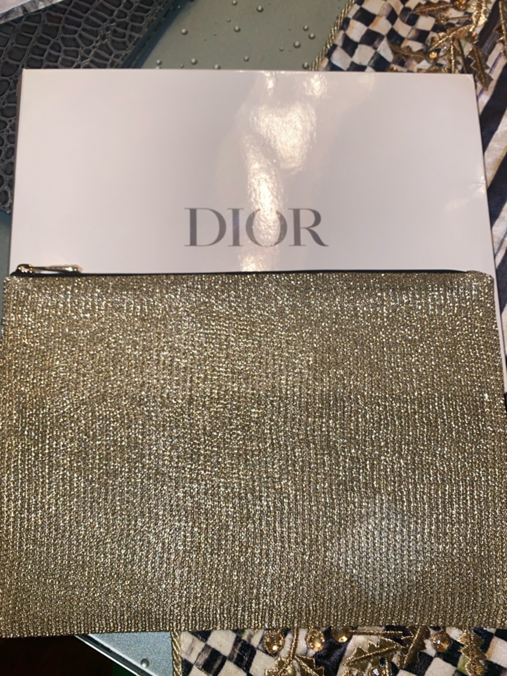 Dior Gold Glitter Zip Pouch new never used in box